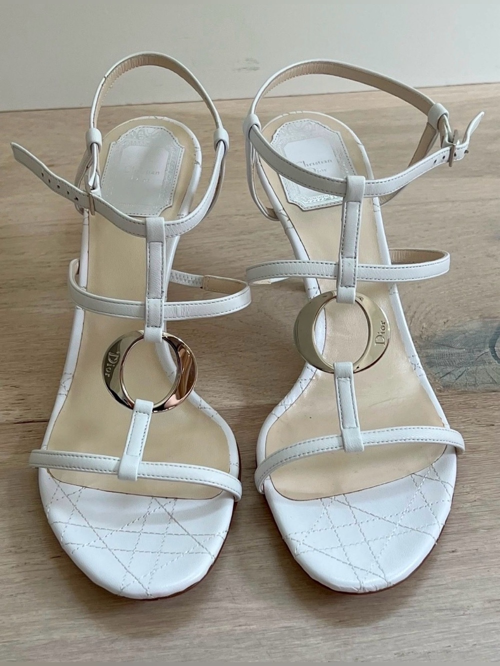 Dior T-strap sandals in white quilted leather and iconic circular logo hardware